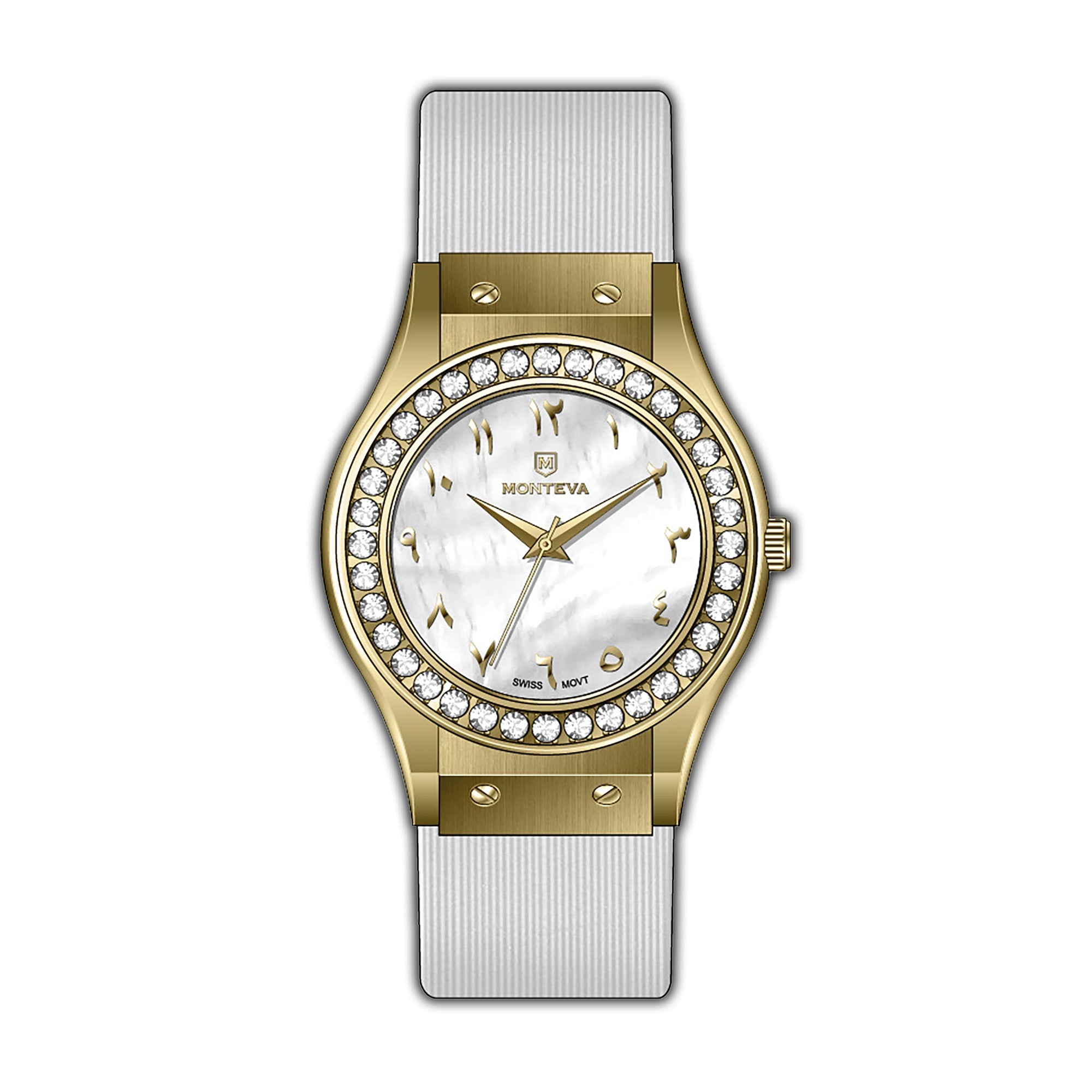 Monteva Ladies Watch - Gold, White Strap, Stones Bezel, Arabic Dial