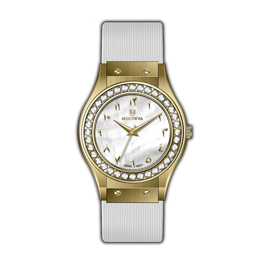 Monteva Ladies Watch - Gold, White Strap, Stones Bezel, Arabic Dial