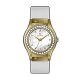 Monteva Ladies Watch - Gold, White Strap, Stones Bezel, Arabic Dial