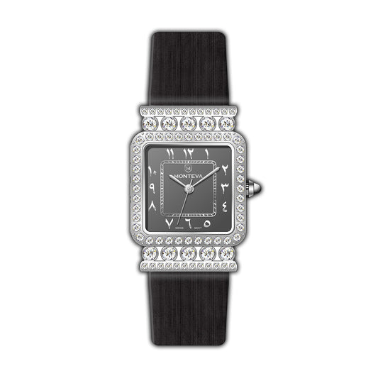 Monteva Chic Odim Ladies Grey Arabic Numerals Dial Silver-Tone Case Black Leather Strap Watch
