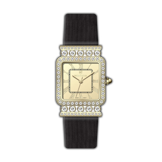 Monteva Ladies Gold-Tone - Stones Bezel Roman Dial Black Leather Strap Watch