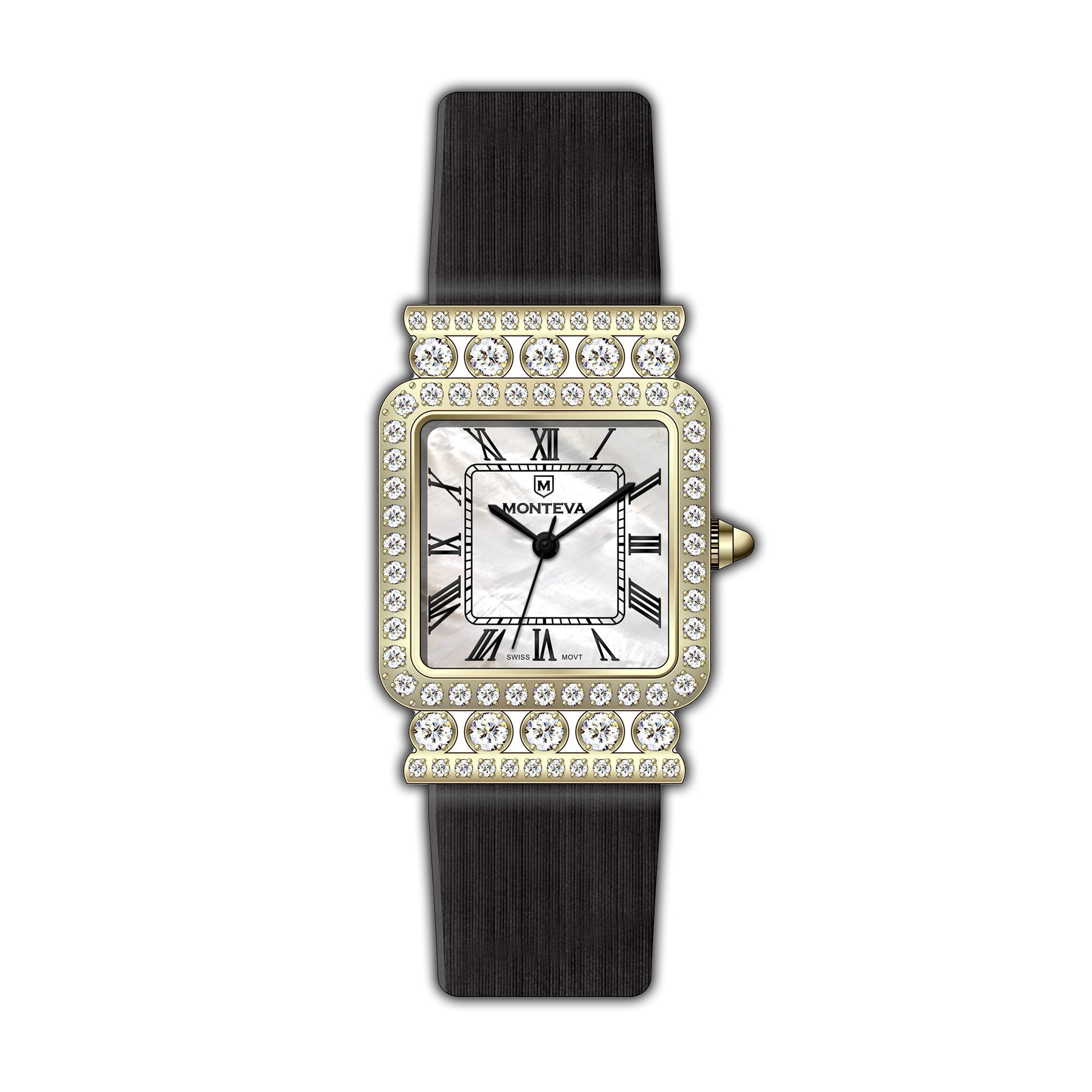 Monteva Ladies Gold-Tone - Diamond Bezel, MOP Roman Dial, Black Leather Strap Watch