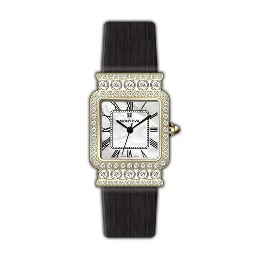 Monteva Ladies Gold-Tone - Diamond Bezel, MOP Roman Dial, Black Leather Strap Watch