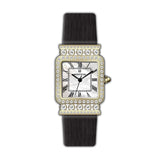 Monteva Ladies Gold-Tone - Diamond Bezel, MOP Roman Dial, Black Leather Strap Watch