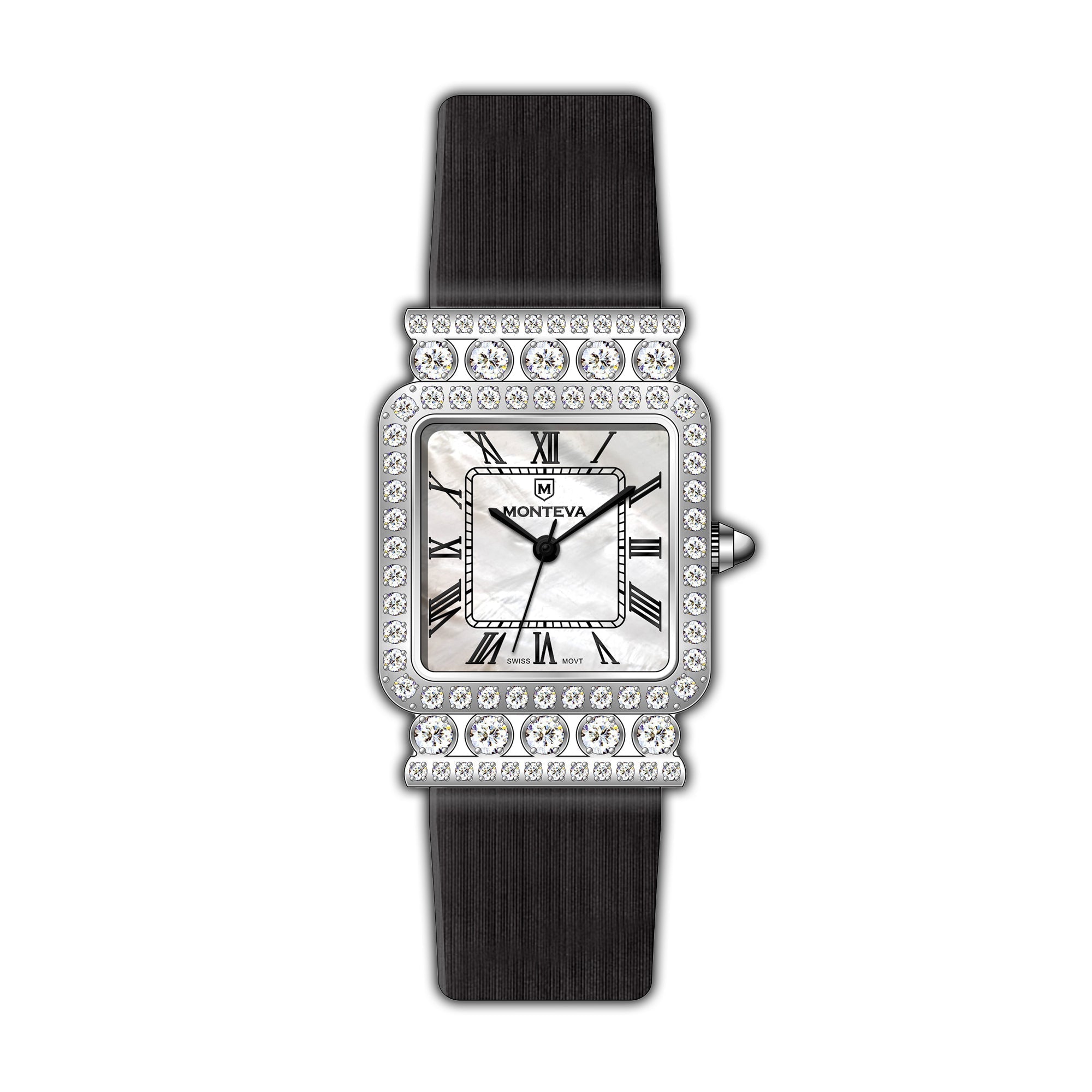Monteva Ladies Silver-Tone - Stones Bezel, MOP Roman Dial, Black Leather Strap Watch