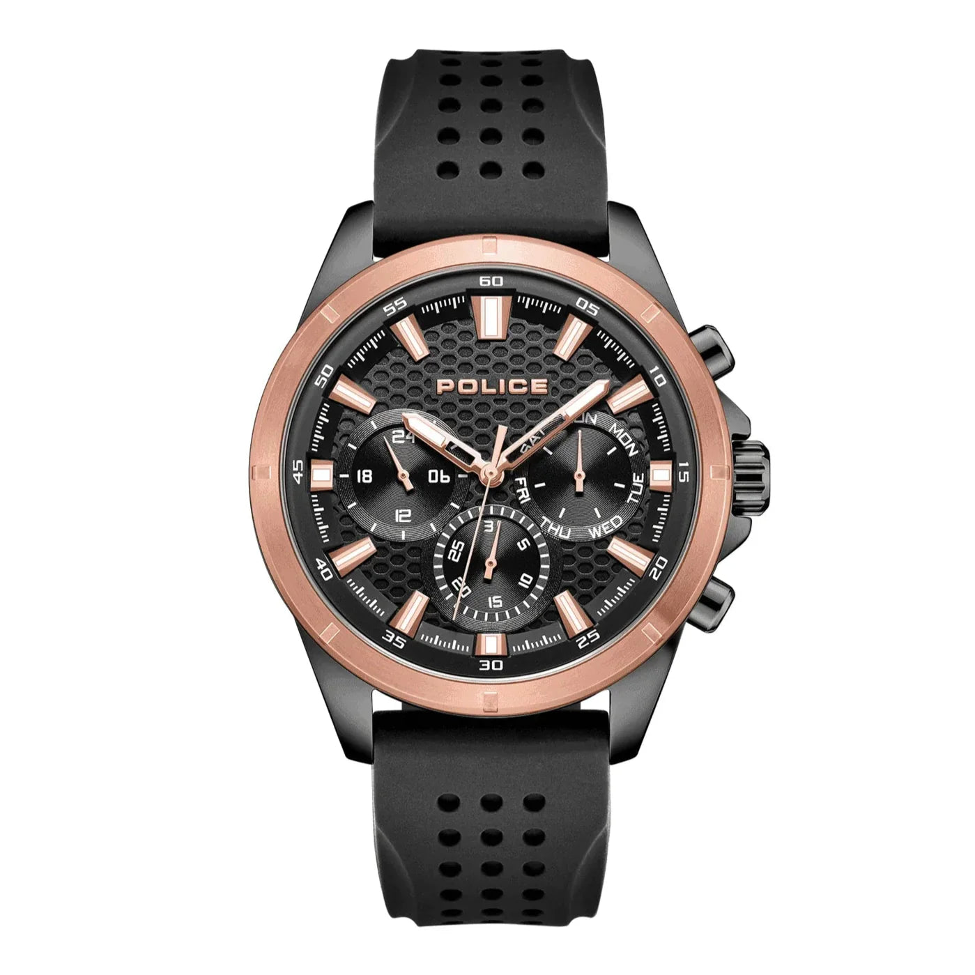 Black and rose gold Police watch on a white background