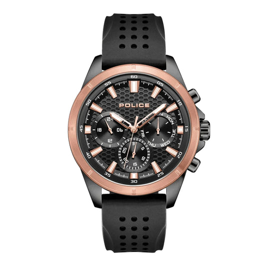 Black and rose gold Police watch on a white background