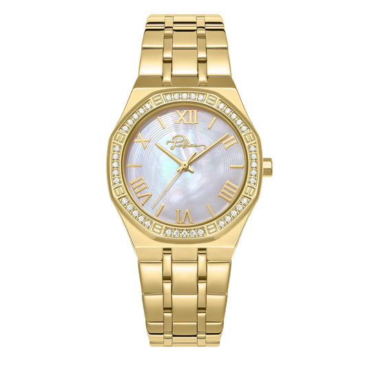 Police Moonlight Ladies Gold-Plated Watch with White Mother-of-Pearl Dial & Crystal Bezel