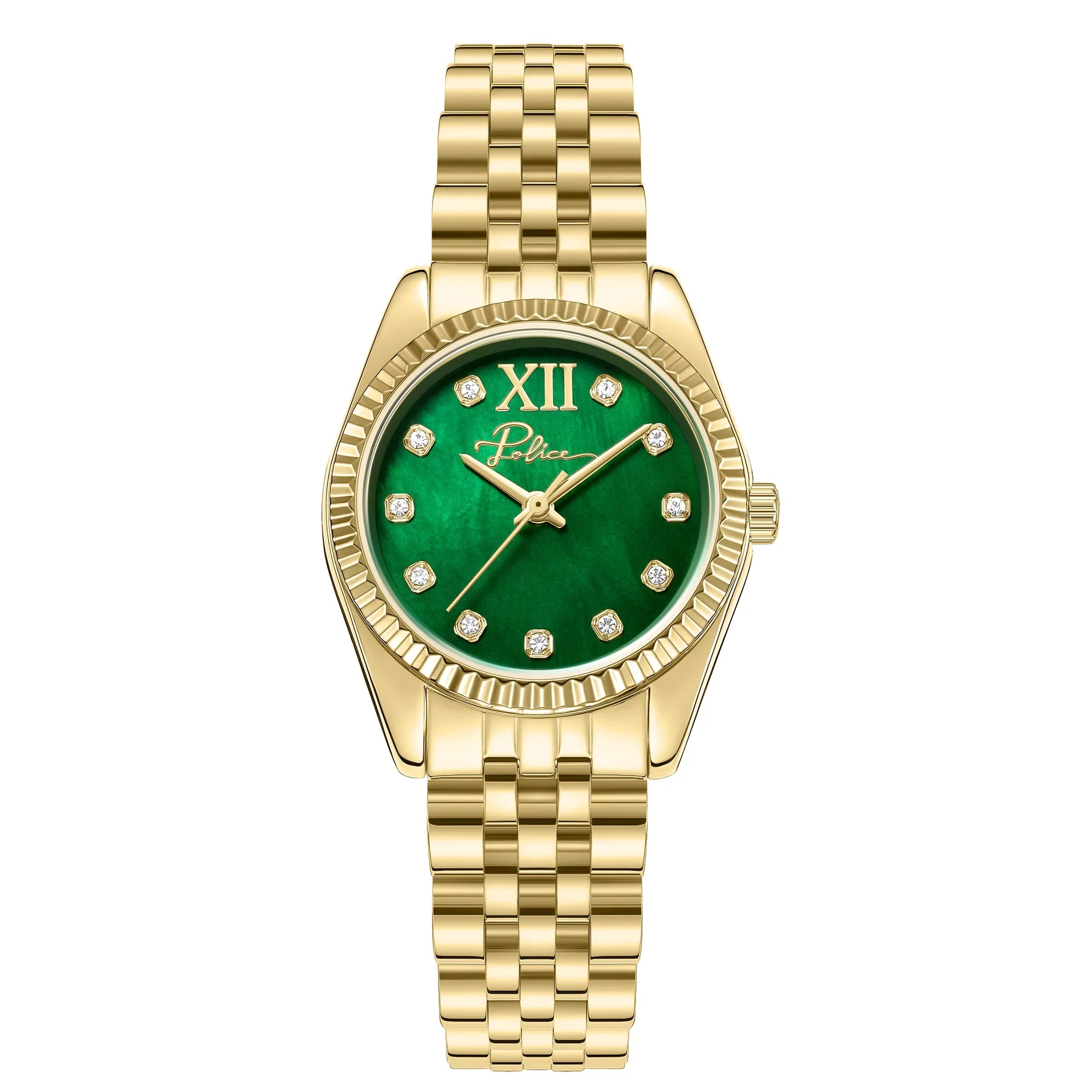 Police Flute Ladies Green MOP Dial Gold Tone Analog Watch