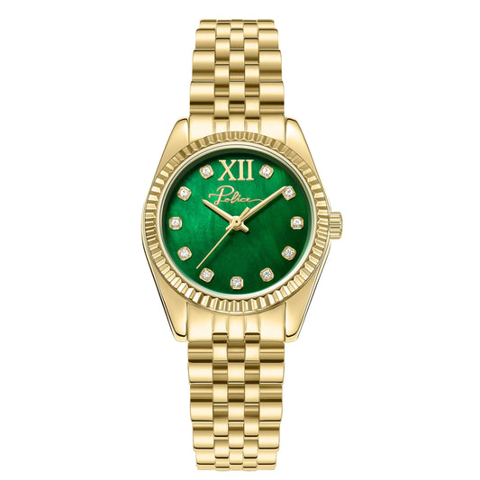 Police Flute Ladies Green MOP Dial Gold Tone Analog Watch