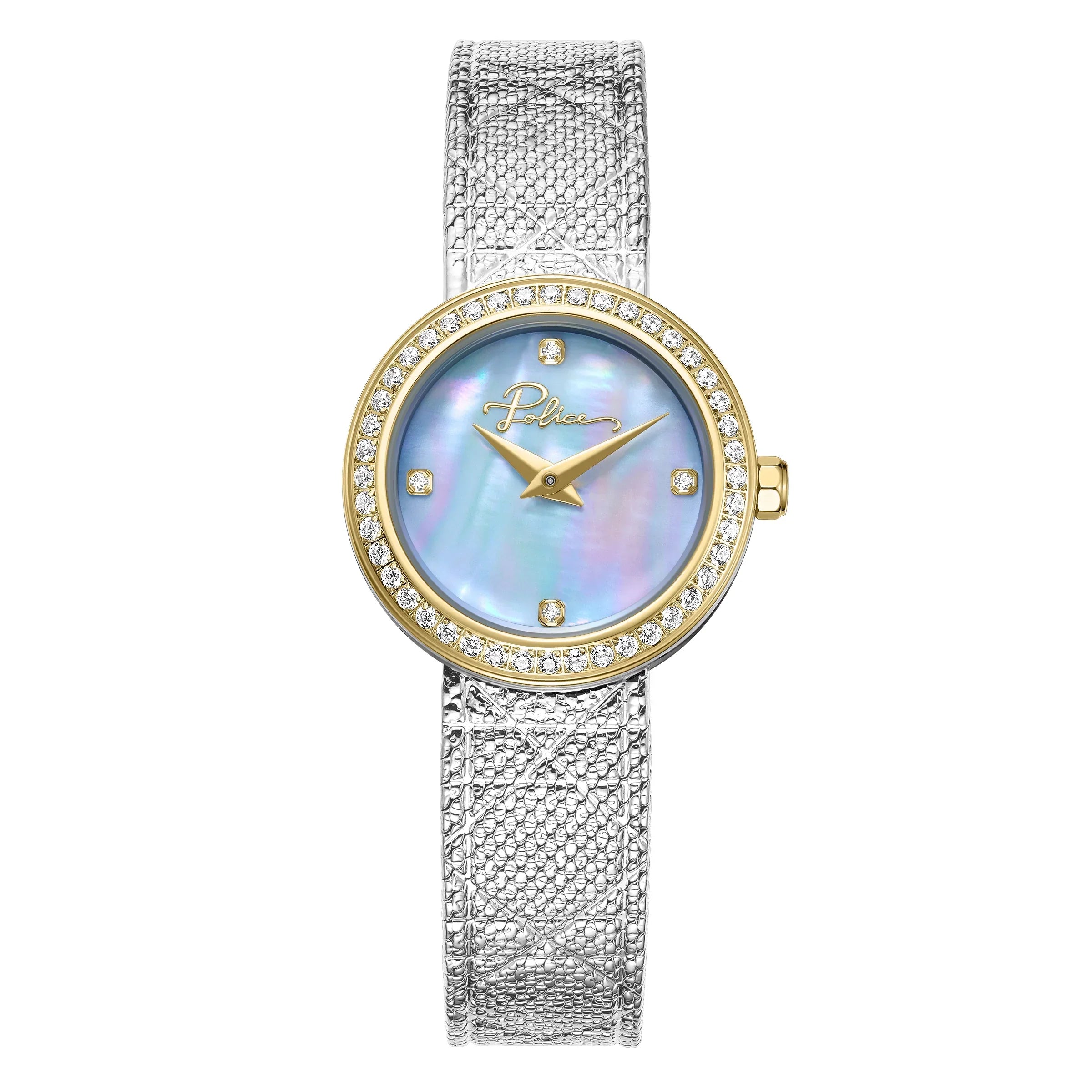 Police Flare Ladies Mother-of-Pearl Dial with Crystal Bezel Two-Tone Analog Mesh Strap Watch