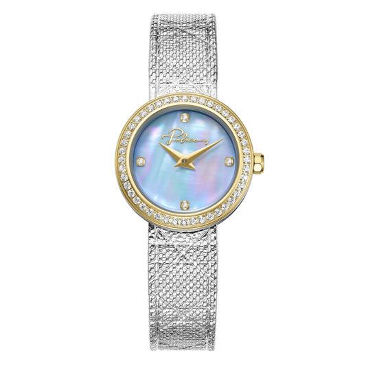 Police Flare Ladies Mother-of-Pearl Dial with Crystal Bezel Two-Tone Analog Mesh Strap Watch
