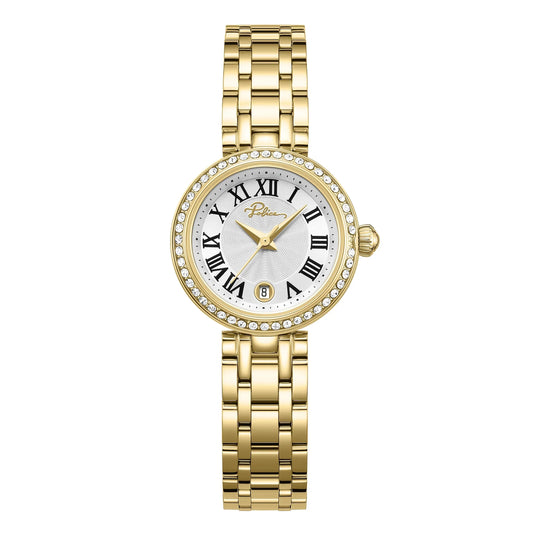 Police Denali Ladies Silver Dial Gold-Tone Analog Watch with Roman Numerals & Crystal Bezel