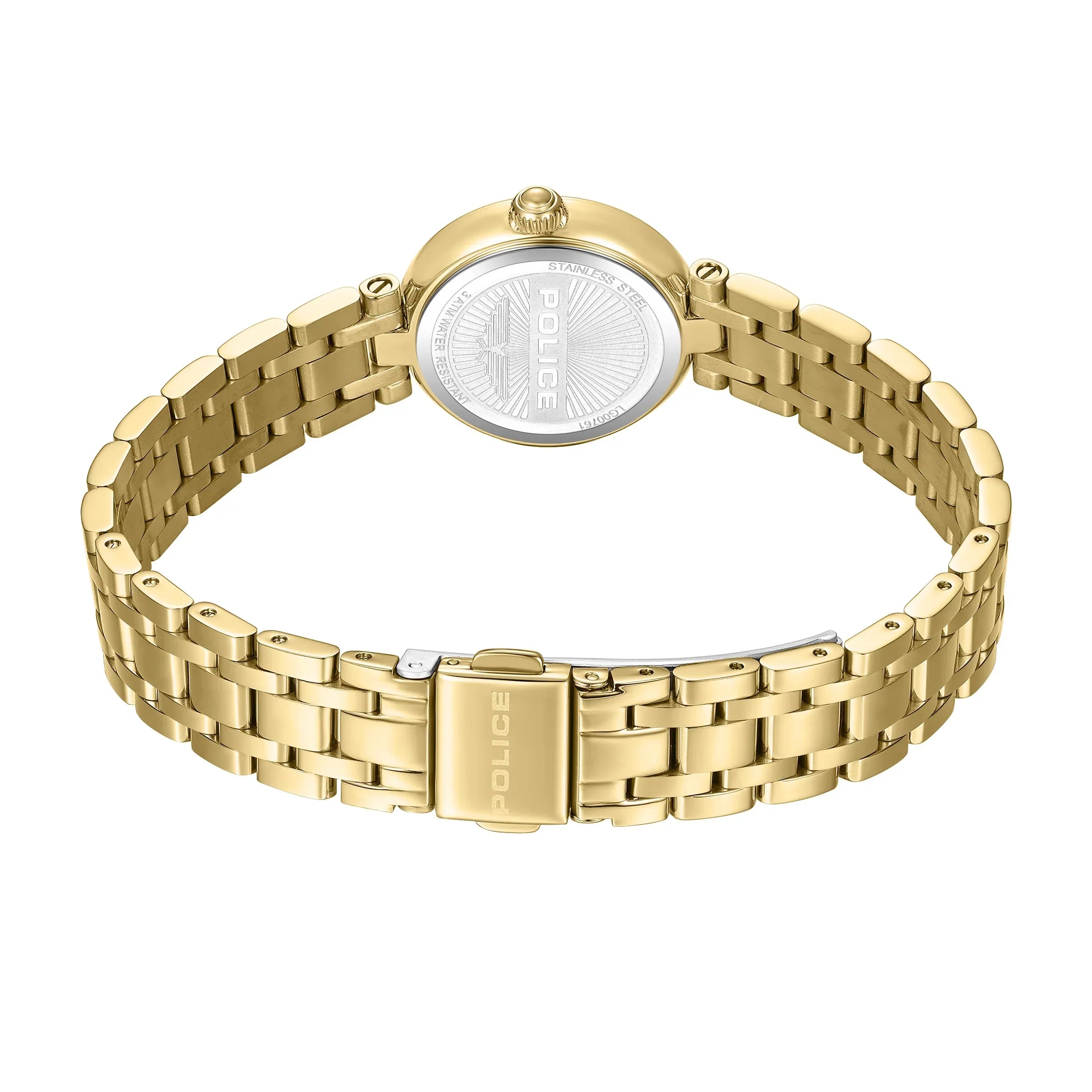 Police Denali Ladies Silver Dial Gold-Tone Analog Watch with Roman Numerals & Crystal Bezel