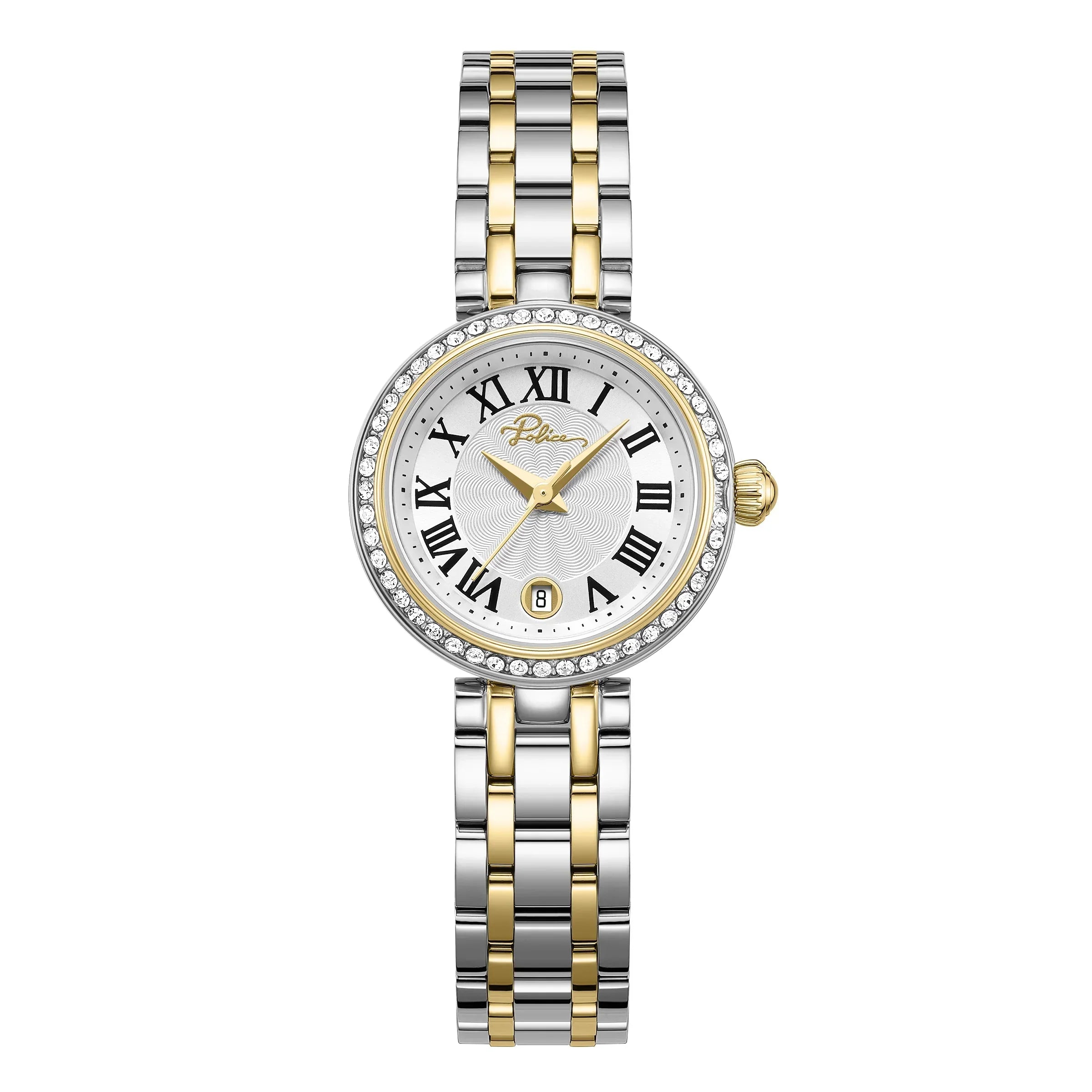 Police Denali Ladies Silver Dial Two-Tone Analog Watch with Roman Numerals & Crystal Bezel