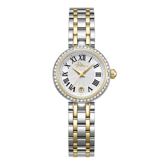 Police Denali Ladies Silver Dial Two-Tone Analog Watch with Roman Numerals & Crystal Bezel