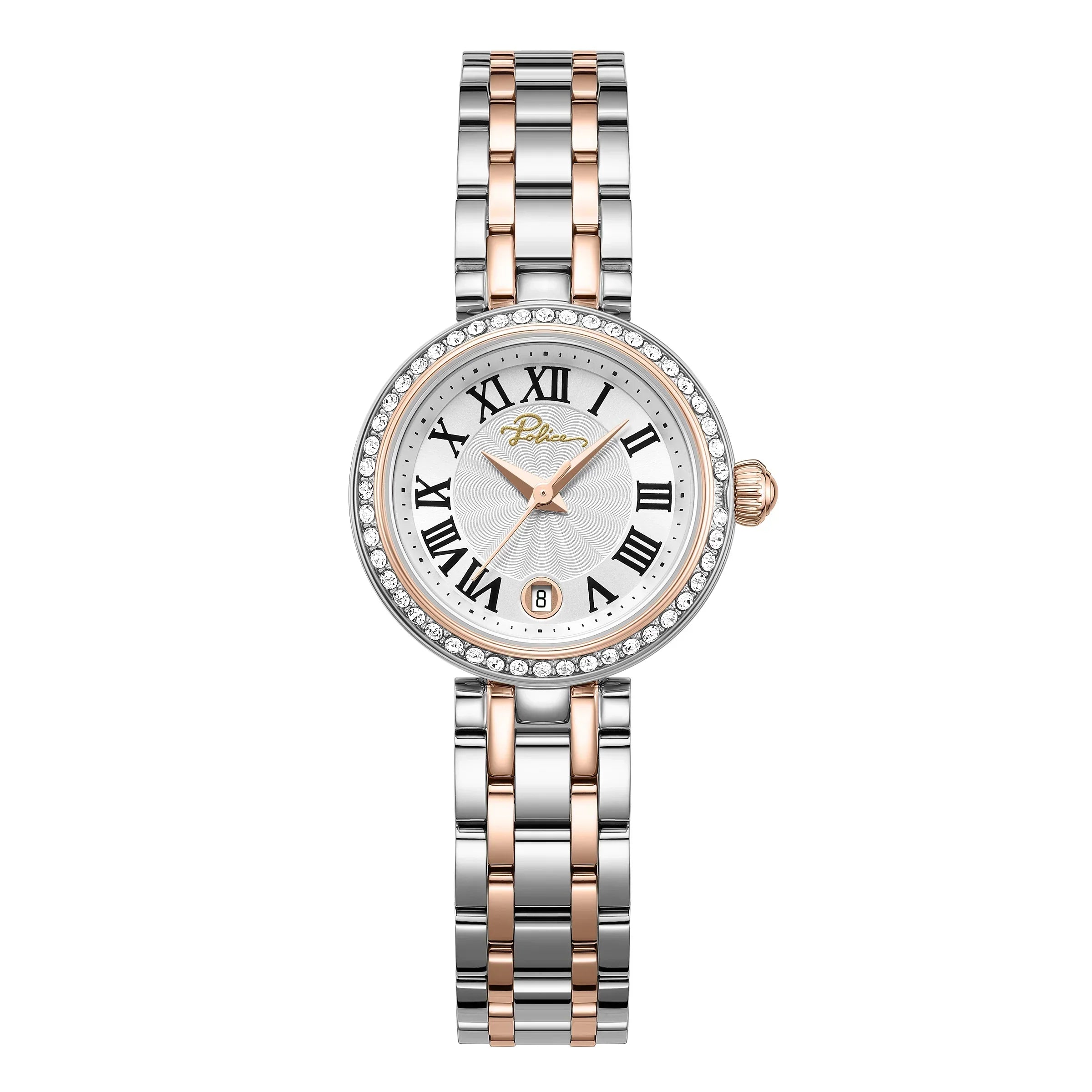 Police Ladies Silver Dial Two-Tone (Silver & Rose Gold) Analog Watch with Roman Numerals & Crystal Bezel