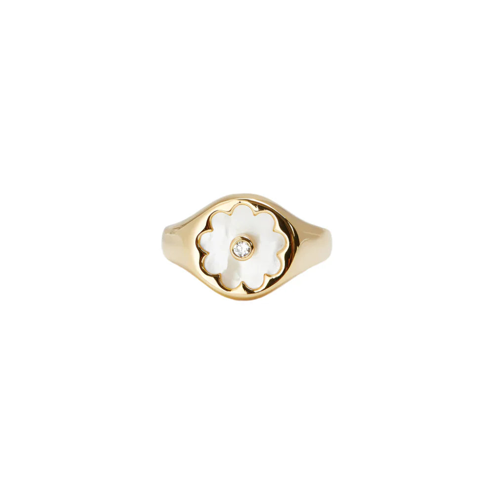 Les Nereides Golden Ring With Mother Of Pearl White Flower