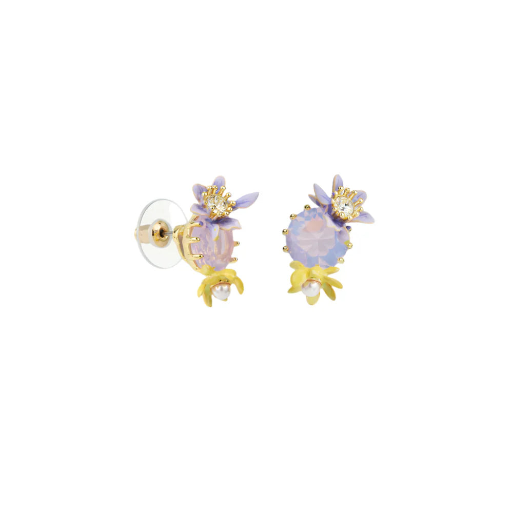 Les Nereides Round Purple Faceted Glass Stone And Magnolia Flower Earrings