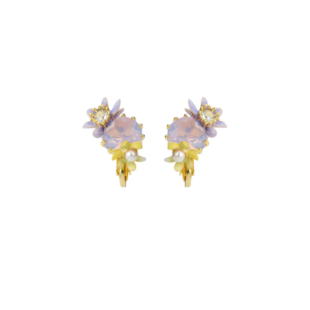 Les Nereides Round Purple Faceted Glass Stone And Magnolia Flower Earrings