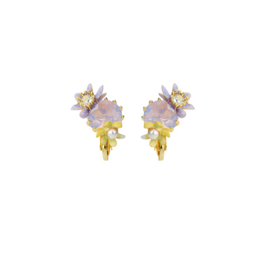 Les Nereides Round Purple Faceted Glass Stone And Magnolia Flower Earrings